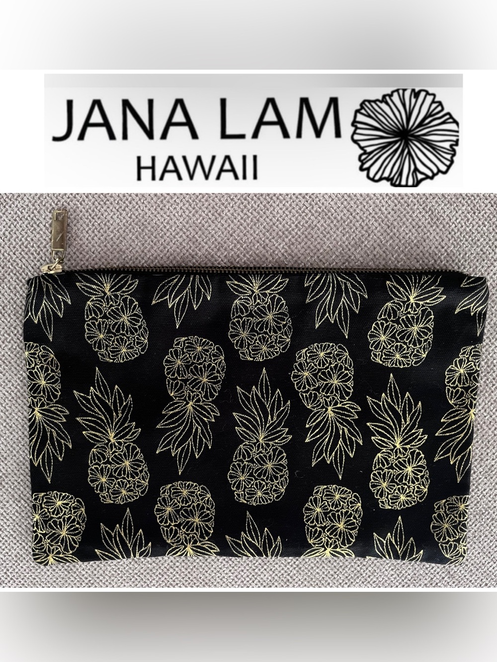 Jana Lam 🖤 Hawaii Black & Gold Pineapple Seaflower Zipper Pouch 11.5” x 7.5”